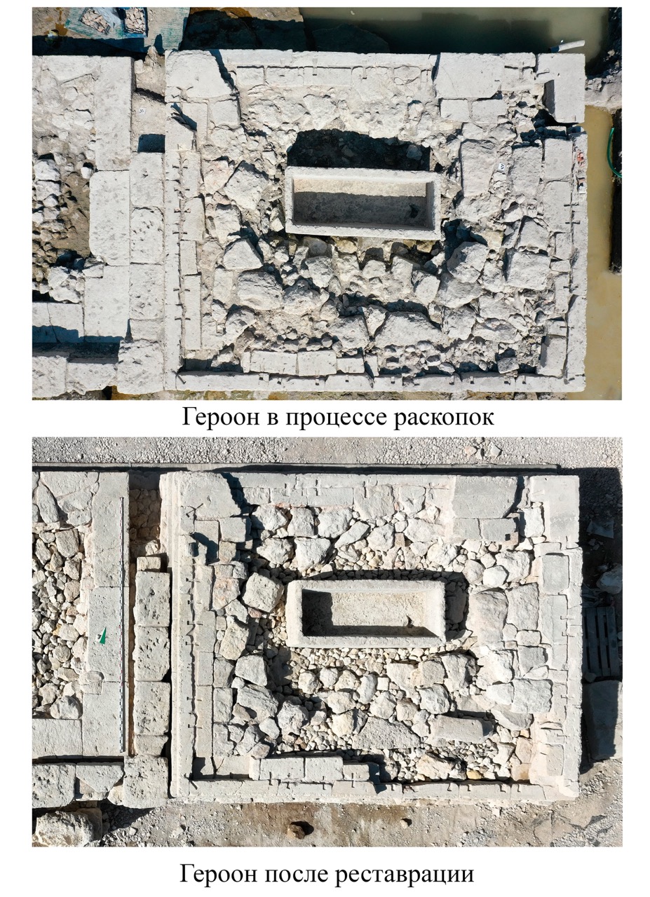 Героон в процессе раскопок и после реставрации